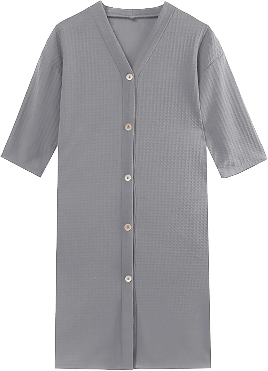 Women 3/4 Sleeve Waffle Bathrobes Solid Color Lightweight Button Down Robes V-Neck Soft Sleepwear Loose Kimono Robe