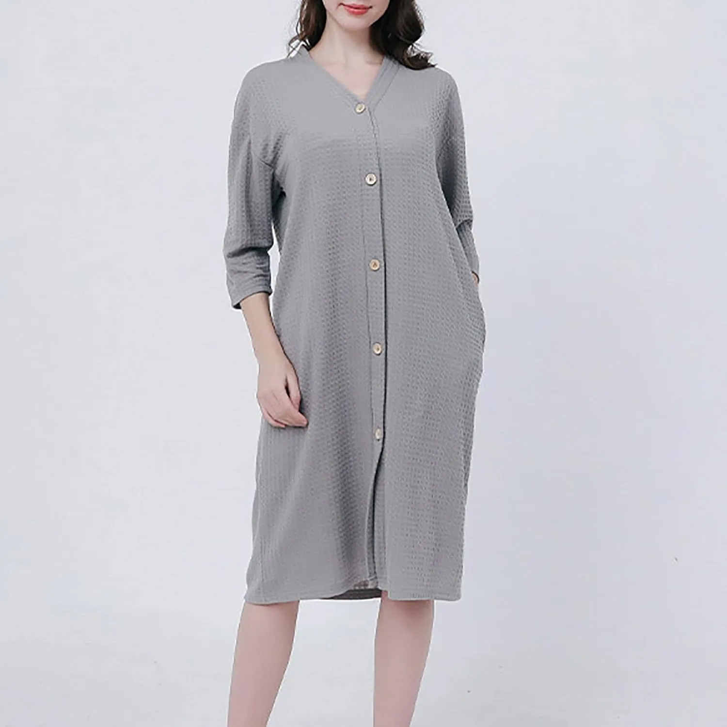 Women 3/4 Sleeve Waffle Bathrobes Solid Color Lightweight Button Down Robes V-Neck Soft Sleepwear Loose Kimono Robe
