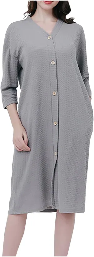 Women 3/4 Sleeve Waffle Bathrobes Solid Color Lightweight Button Down Robes V-Neck Soft Sleepwear Loose Kimono Robe
