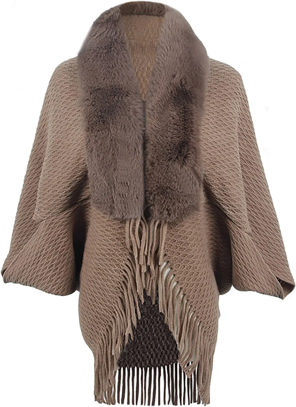 Women Batwing Sleeve Faux Fur Collar Cardigan Sweater Knitted Shawl Wrap Fringe Hem Cape Cloak Open Front Outerwear