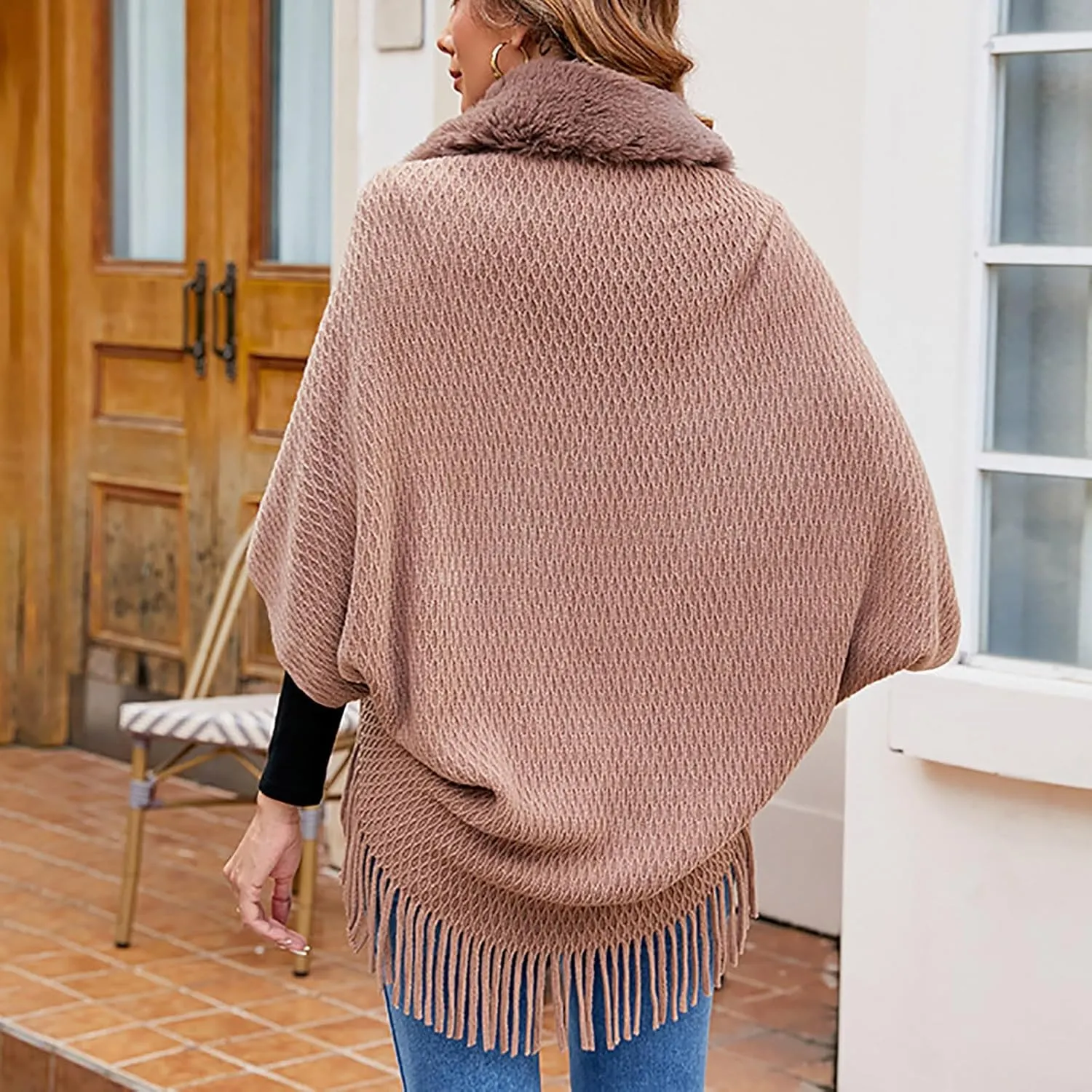 Women Batwing Sleeve Faux Fur Collar Cardigan Sweater Knitted Shawl Wrap Fringe Hem Cape Cloak Open Front Outerwear