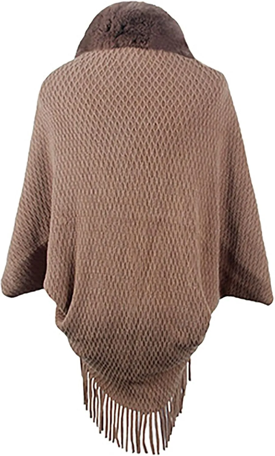Women Batwing Sleeve Faux Fur Collar Cardigan Sweater Knitted Shawl Wrap Fringe Hem Cape Cloak Open Front Outerwear