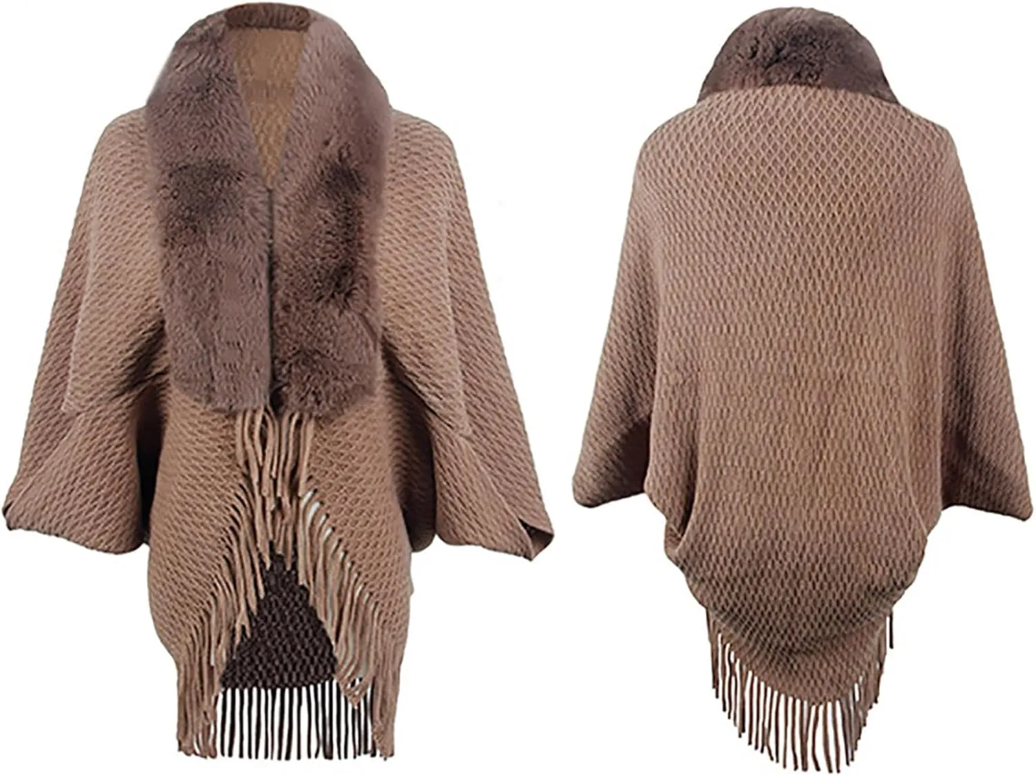 Women Batwing Sleeve Faux Fur Collar Cardigan Sweater Knitted Shawl Wrap Fringe Hem Cape Cloak Open Front Outerwear