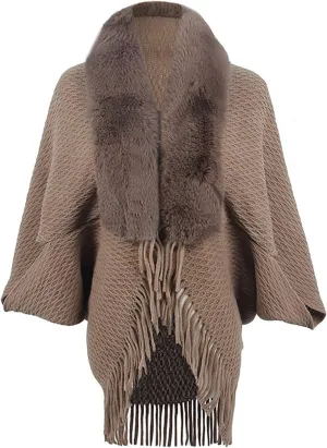 Women Batwing Sleeve Faux Fur Collar Cardigan Sweater Knitted Shawl Wrap Fringe Hem Cape Cloak Open Front Outerwear