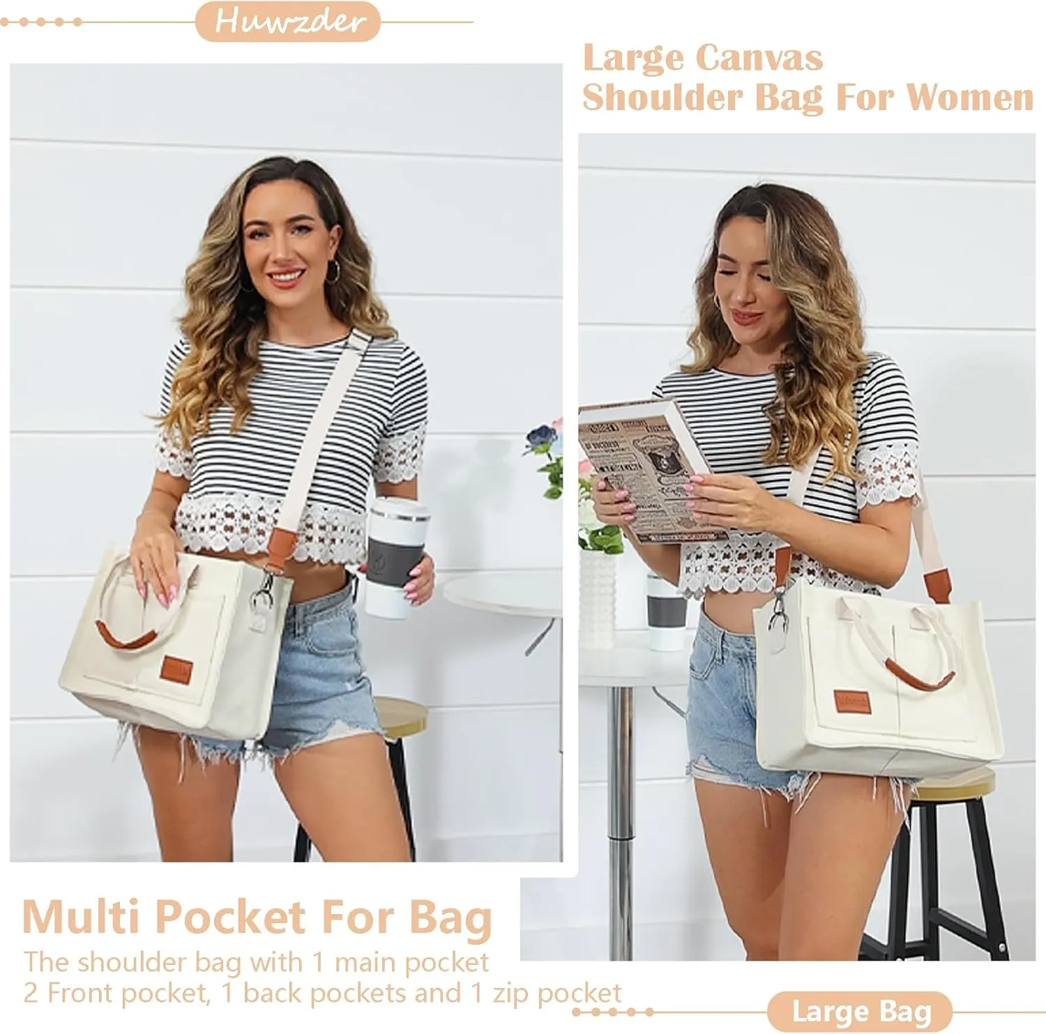 Women Canvas Tote Bag With Pockets Crossbody Bags Casual Hobo Messenger Bag Shoulder Bag Handbag for Women
