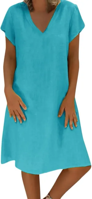 Women Casual Dresses 2025 Ladies Summer Solid Cotton Linen Dress Short Sleeve V-Neck Dress Plus Size Mid-Calf Sundress