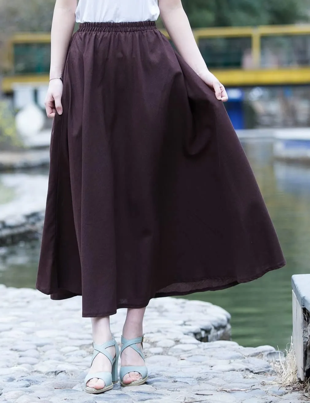 Women Cotton/Linen Skirt Summer Quality Elastic Waist Long Maxi Retro Vogue Casual Bottom with Pockets