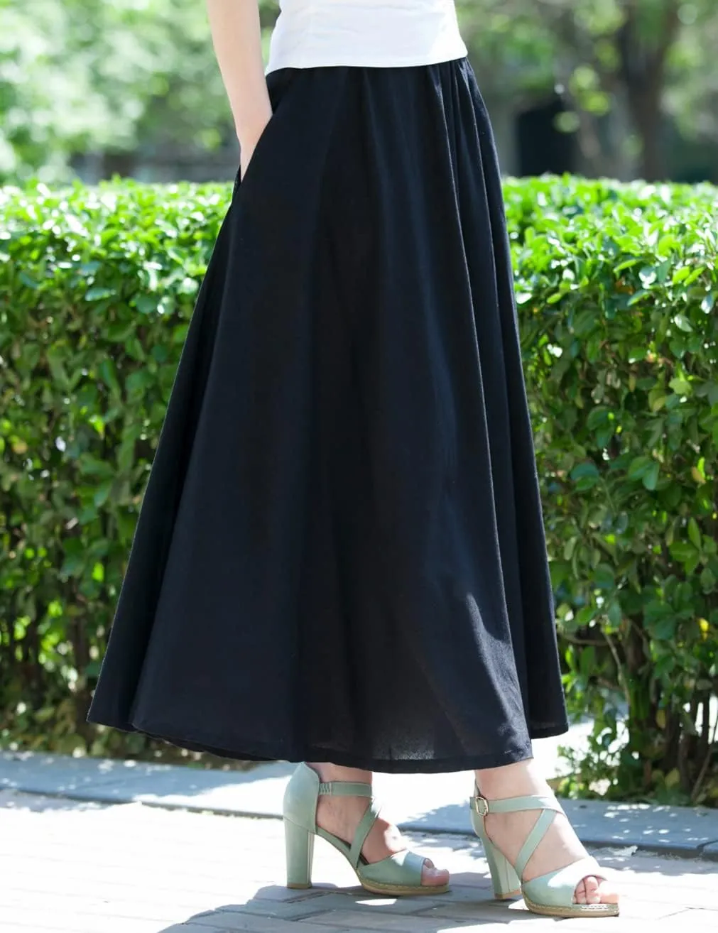 Women Cotton/Linen Skirt Summer Quality Elastic Waist Long Maxi Retro Vogue Casual Bottom with Pockets