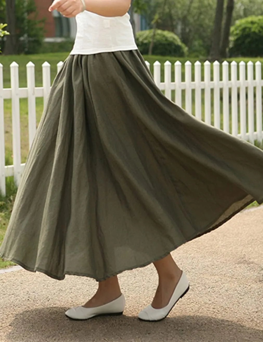 Women Cotton/Linen Skirt Summer Quality Elastic Waist Long Maxi Retro Vogue Casual Bottom with Pockets