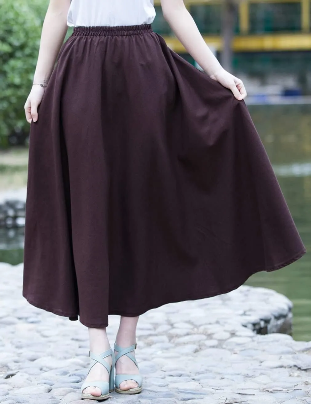 Women Cotton/Linen Skirt Summer Quality Elastic Waist Long Maxi Retro Vogue Casual Bottom with Pockets