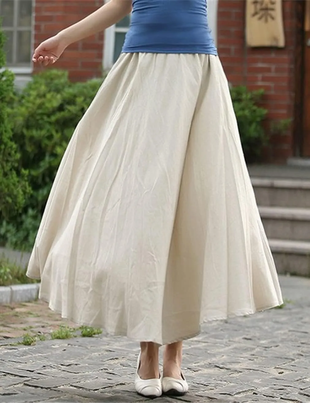 Women Cotton/Linen Skirt Summer Quality Elastic Waist Long Maxi Retro Vogue Casual Bottom with Pockets