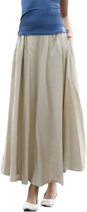 Women Cotton/Linen Skirt Summer Quality Elastic Waist Long Maxi Retro Vogue Casual Bottom with Pockets