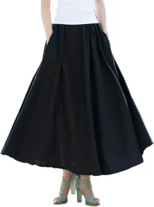 Women Cotton/Linen Skirt Summer Quality Elastic Waist Long Maxi Retro Vogue Casual Bottom with Pockets