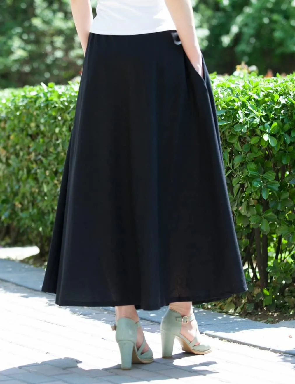Women Cotton/Linen Skirt Summer Quality Elastic Waist Long Maxi Retro Vogue Casual Bottom with Pockets