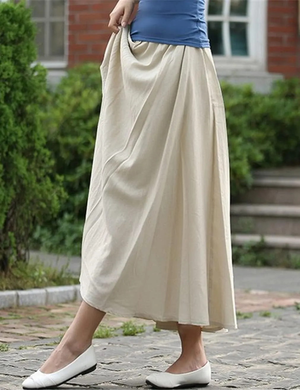 Women Cotton/Linen Skirt Summer Quality Elastic Waist Long Maxi Retro Vogue Casual Bottom with Pockets