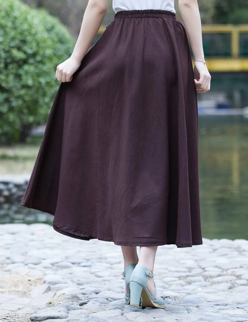 Women Cotton/Linen Skirt Summer Quality Elastic Waist Long Maxi Retro Vogue Casual Bottom with Pockets