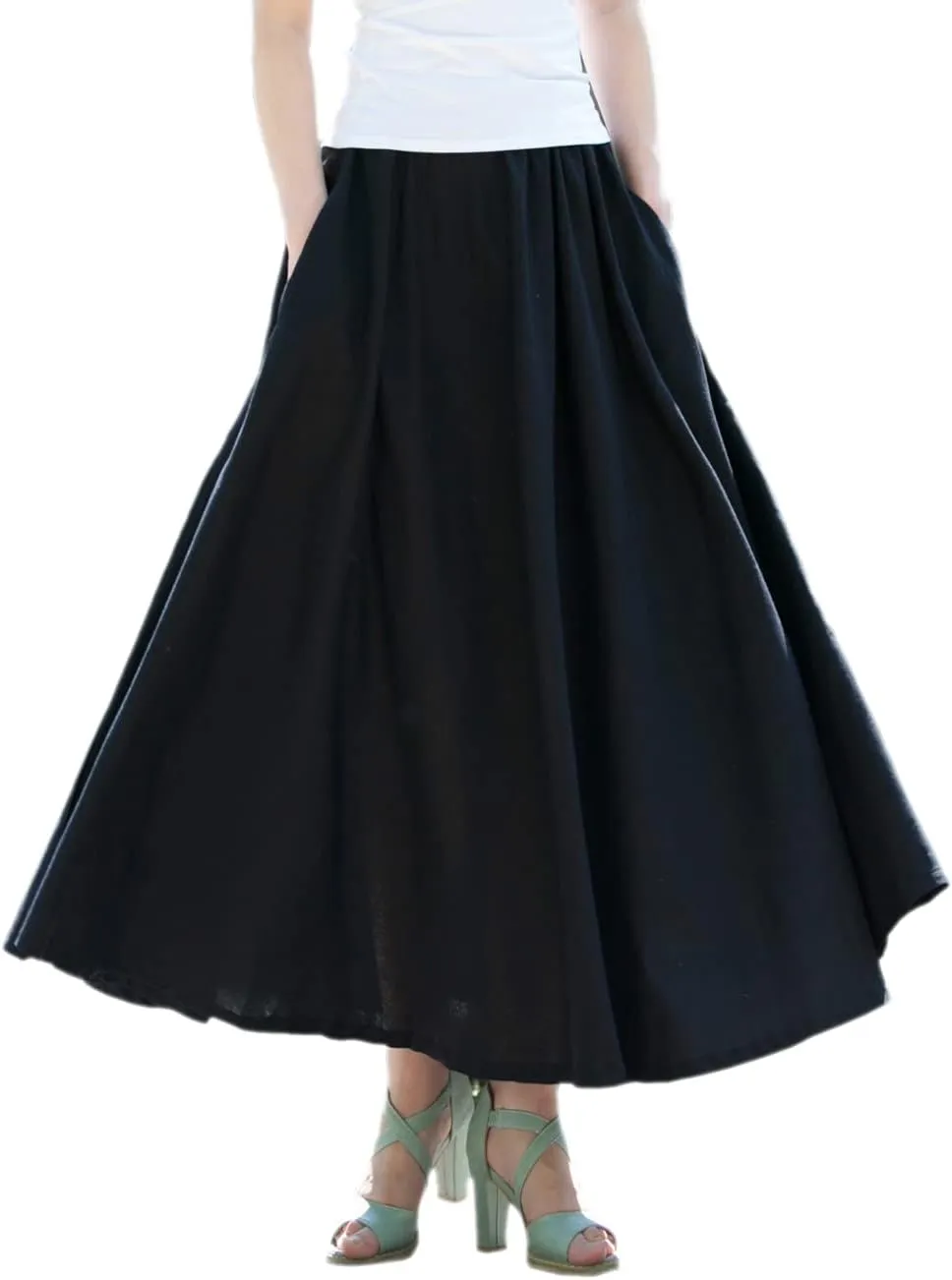 Women Cotton/Linen Skirt Summer Quality Elastic Waist Long Maxi Retro Vogue Casual Bottom with Pockets