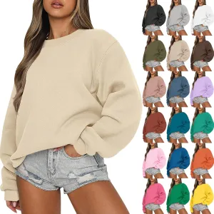 Women Crew Neck Sweatshirts Drop Shoulder Fleece Oversized Sweatshirts Long Sleeve Casual Loose Pullover Cozy Sweater