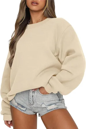 Women Crew Neck Sweatshirts Drop Shoulder Fleece Oversized Sweatshirts Long Sleeve Casual Loose Pullover Cozy Sweater