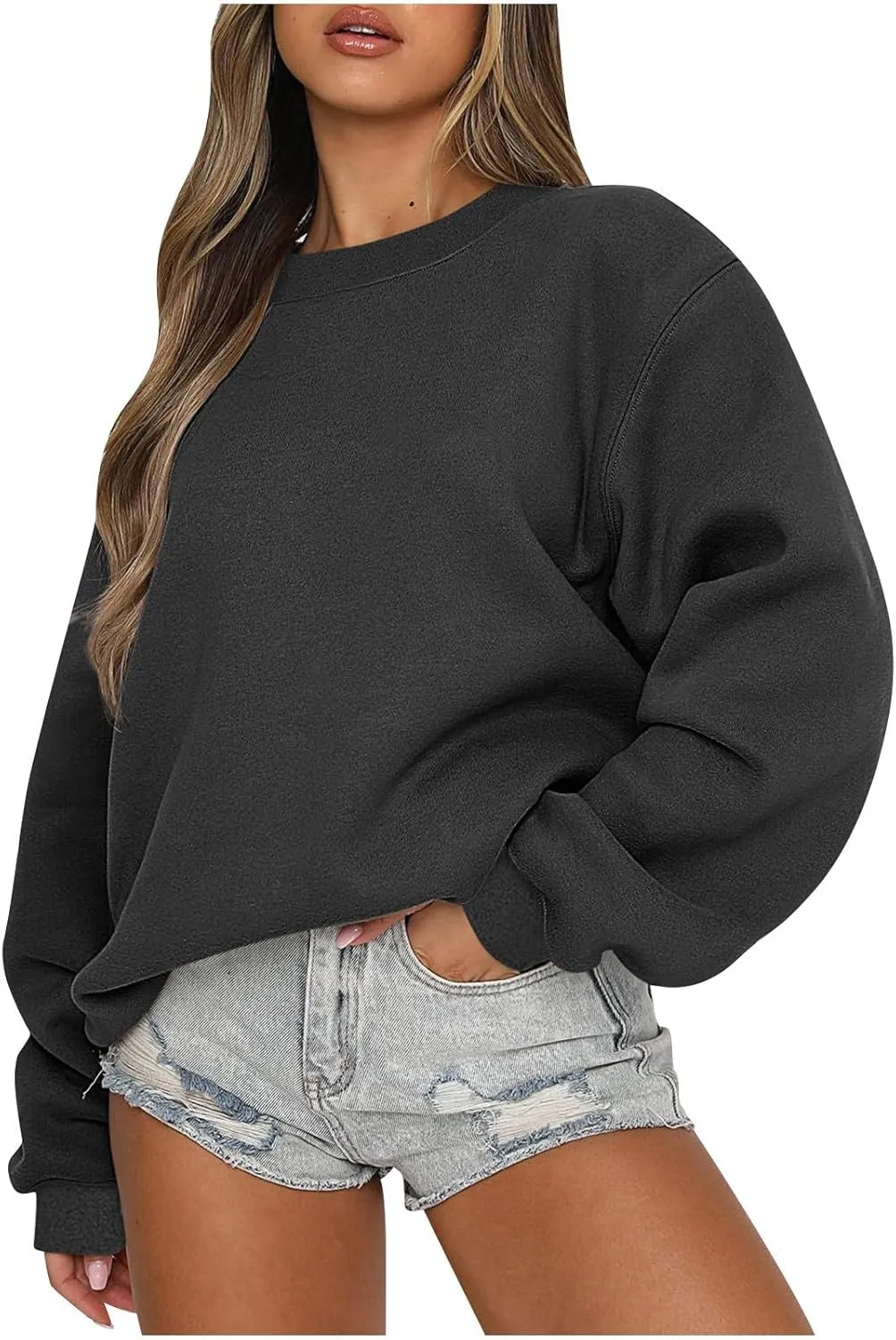 Women Crew Neck Sweatshirts Drop Shoulder Fleece Oversized Sweatshirts Long Sleeve Casual Loose Pullover Cozy Sweater