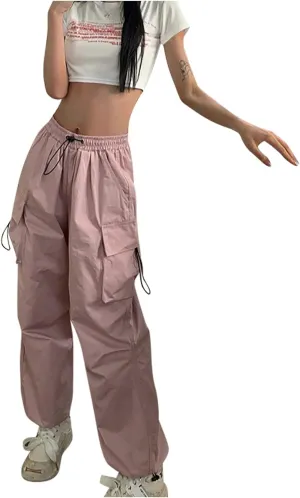 Women Elastic Waist Cargo Pants Parachute Drawstring Overalls Wide Leg Trendy Y2K Pants Teen Girls Hiking Trousers