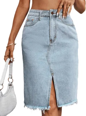 Women High Waist Front Split Raw Hem Tasseled Midi Denim Skirt Washe High Slit Fringed Mini Jean Office Skirt