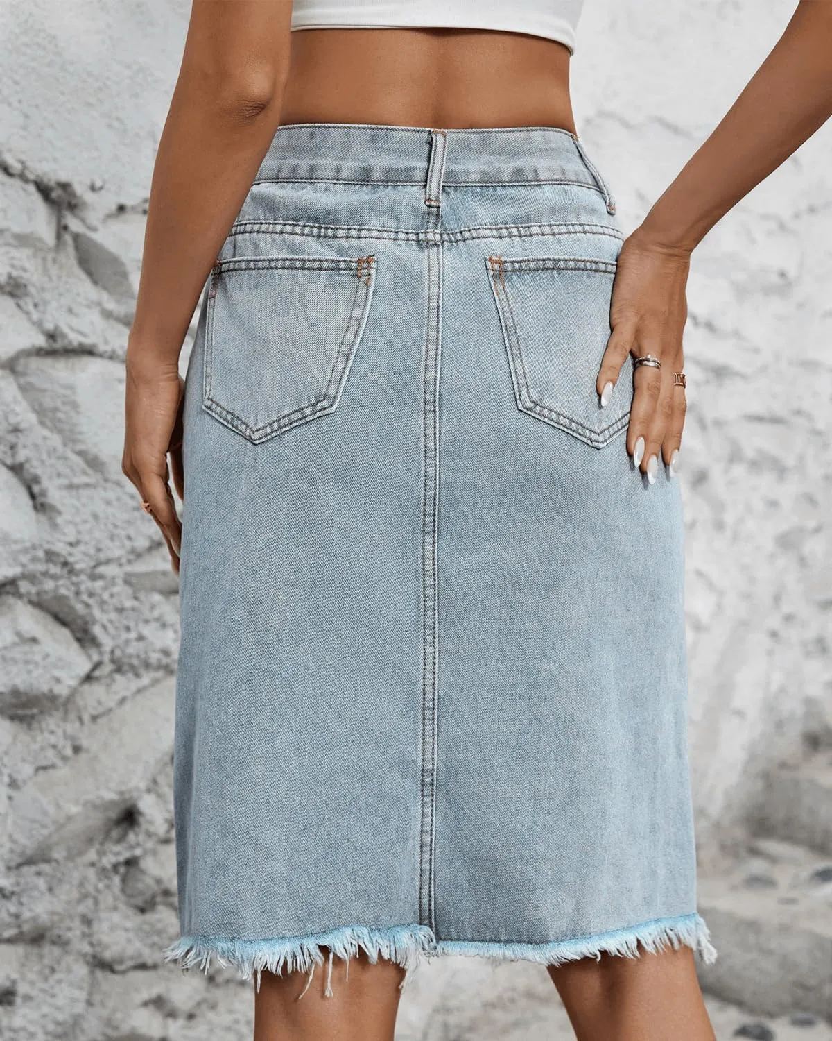 Women High Waist Front Split Raw Hem Tasseled Midi Denim Skirt Washe High Slit Fringed Mini Jean Office Skirt