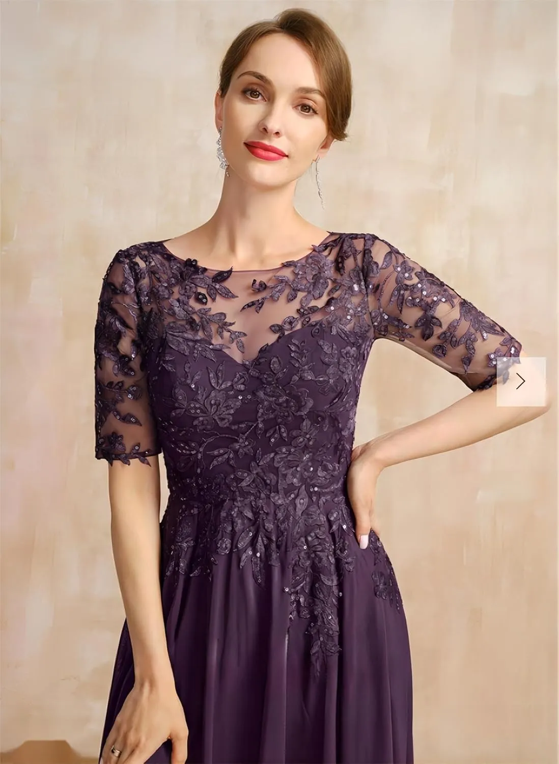 Women Lace Sequin Mother of The Bride Dresses Tea Length Chiffon Formal Dress Evening Gown with Sleeves