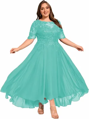 Women Lace Sequin Mother of The Bride Dresses Tea Length Chiffon Formal Dress Evening Gown with Sleeves