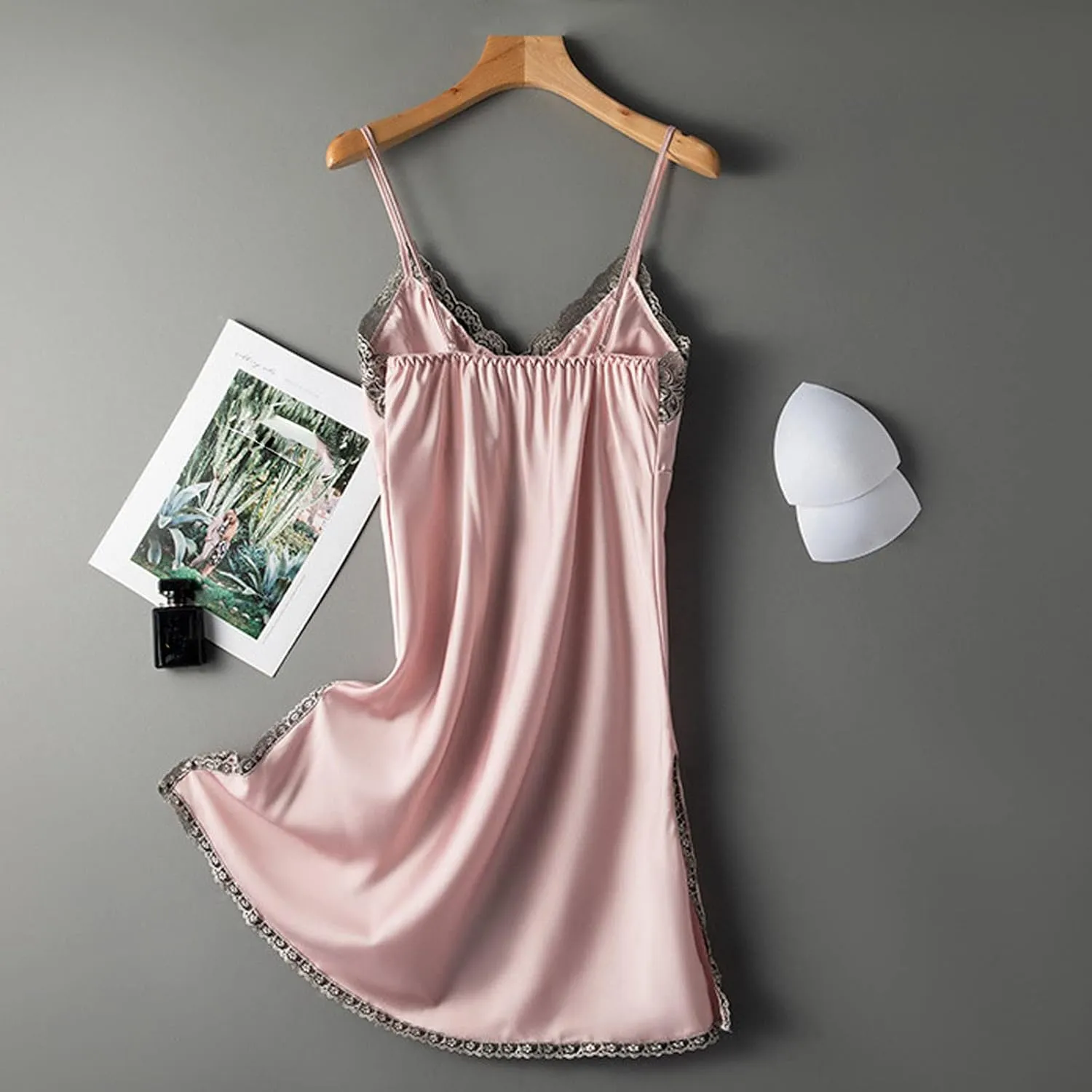 Women Lacy Trim Babydoll Lingerie Sexy Deep V Neck Chemise Nightgown Satin Pajamas Silk Slip Dress Negligee Nightie