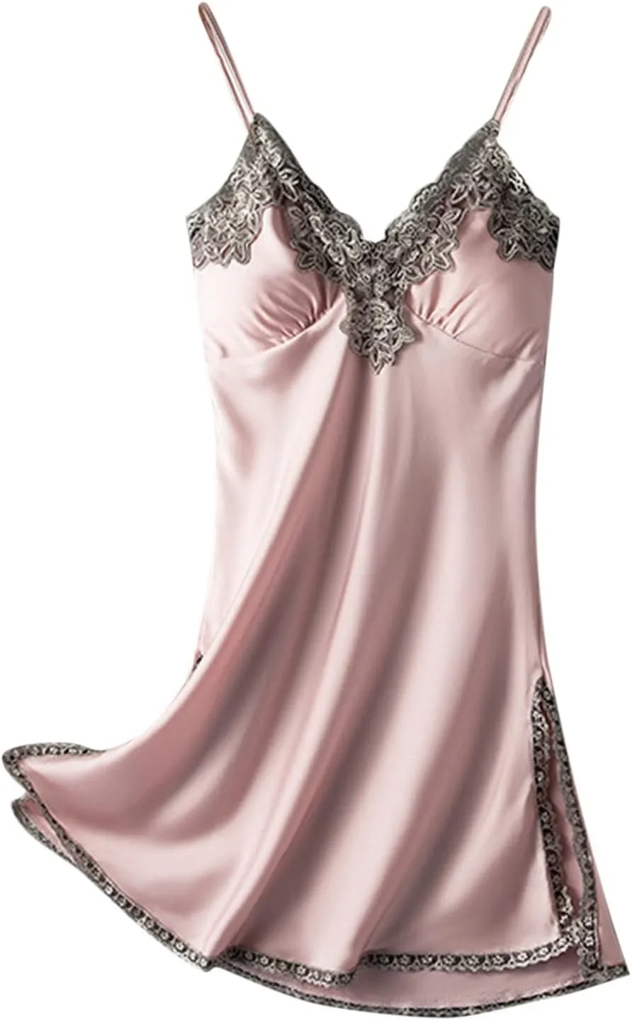 Women Lacy Trim Babydoll Lingerie Sexy Deep V Neck Chemise Nightgown Satin Pajamas Silk Slip Dress Negligee Nightie