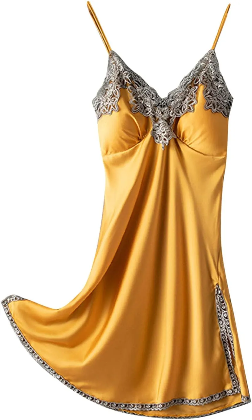 Women Lacy Trim Babydoll Lingerie Sexy Deep V Neck Chemise Nightgown Satin Pajamas Silk Slip Dress Negligee Nightie