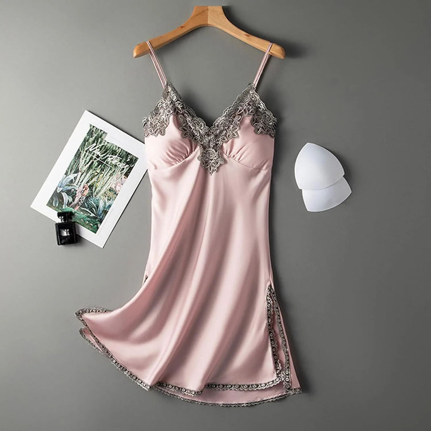 Women Lacy Trim Babydoll Lingerie Sexy Deep V Neck Chemise Nightgown Satin Pajamas Silk Slip Dress Negligee Nightie