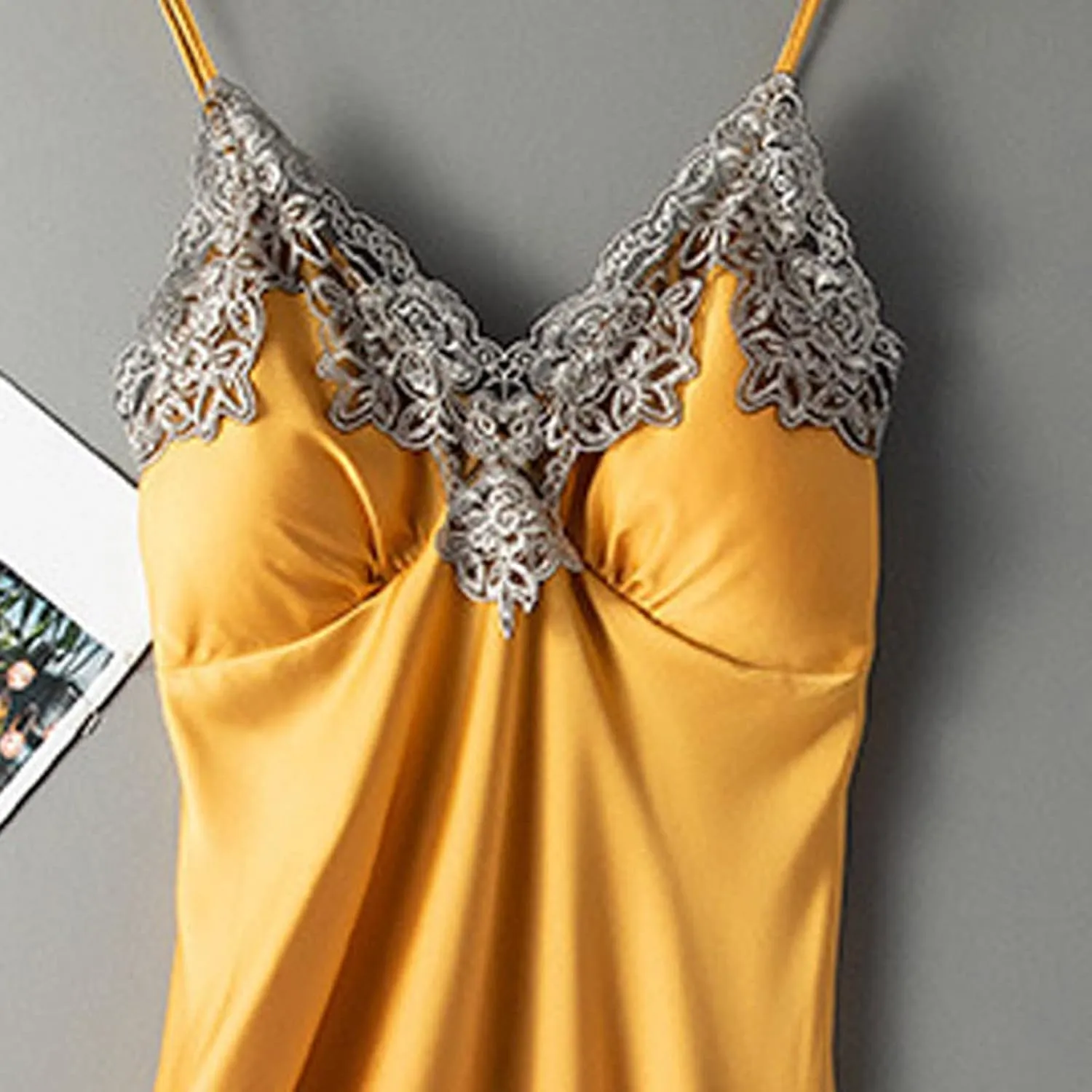 Women Lacy Trim Babydoll Lingerie Sexy Deep V Neck Chemise Nightgown Satin Pajamas Silk Slip Dress Negligee Nightie