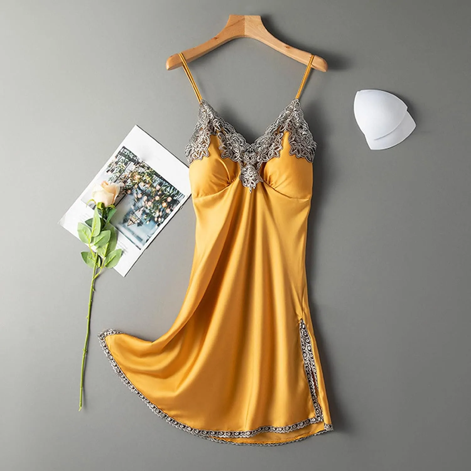 Women Lacy Trim Babydoll Lingerie Sexy Deep V Neck Chemise Nightgown Satin Pajamas Silk Slip Dress Negligee Nightie