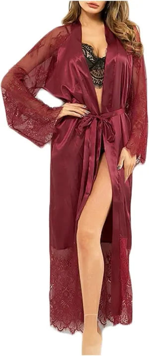Women Satin Lace Long Robes Soft Silk Kimono Bathrobe Wedding Party Loungewear Sexy Valentines Day Robe with Belt