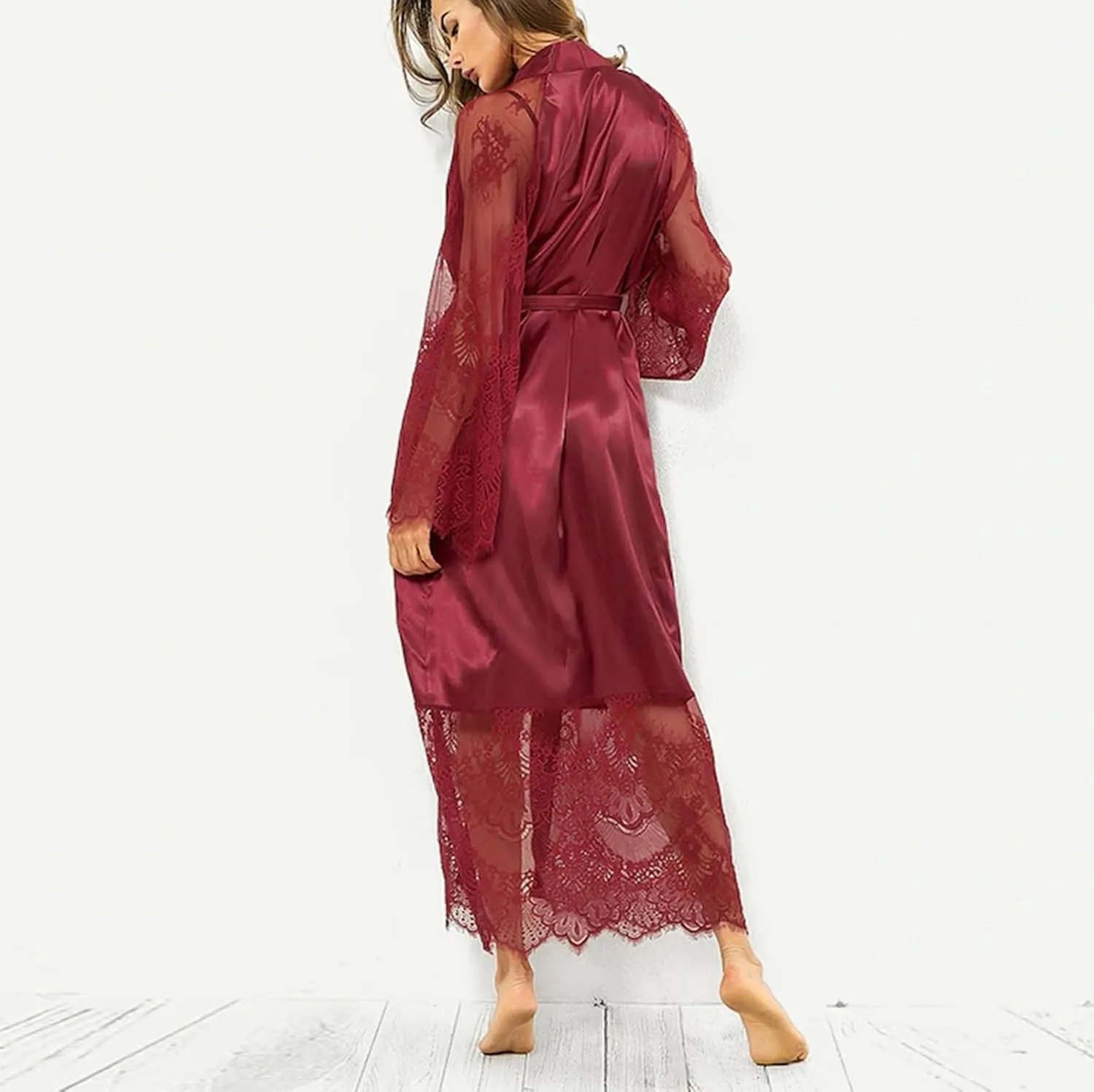 Women Satin Lace Long Robes Soft Silk Kimono Bathrobe Wedding Party Loungewear Sexy Valentines Day Robe with Belt