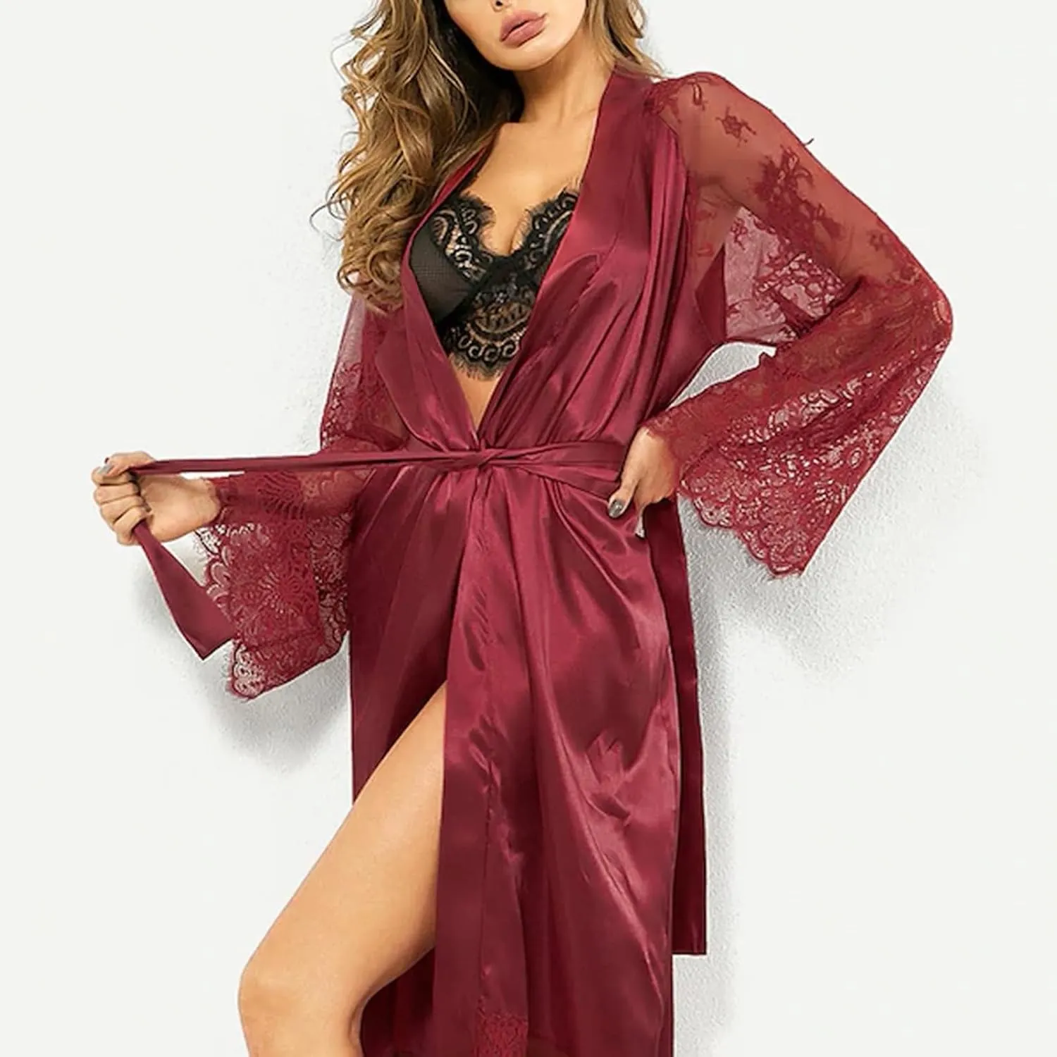 Women Satin Lace Long Robes Soft Silk Kimono Bathrobe Wedding Party Loungewear Sexy Valentines Day Robe with Belt