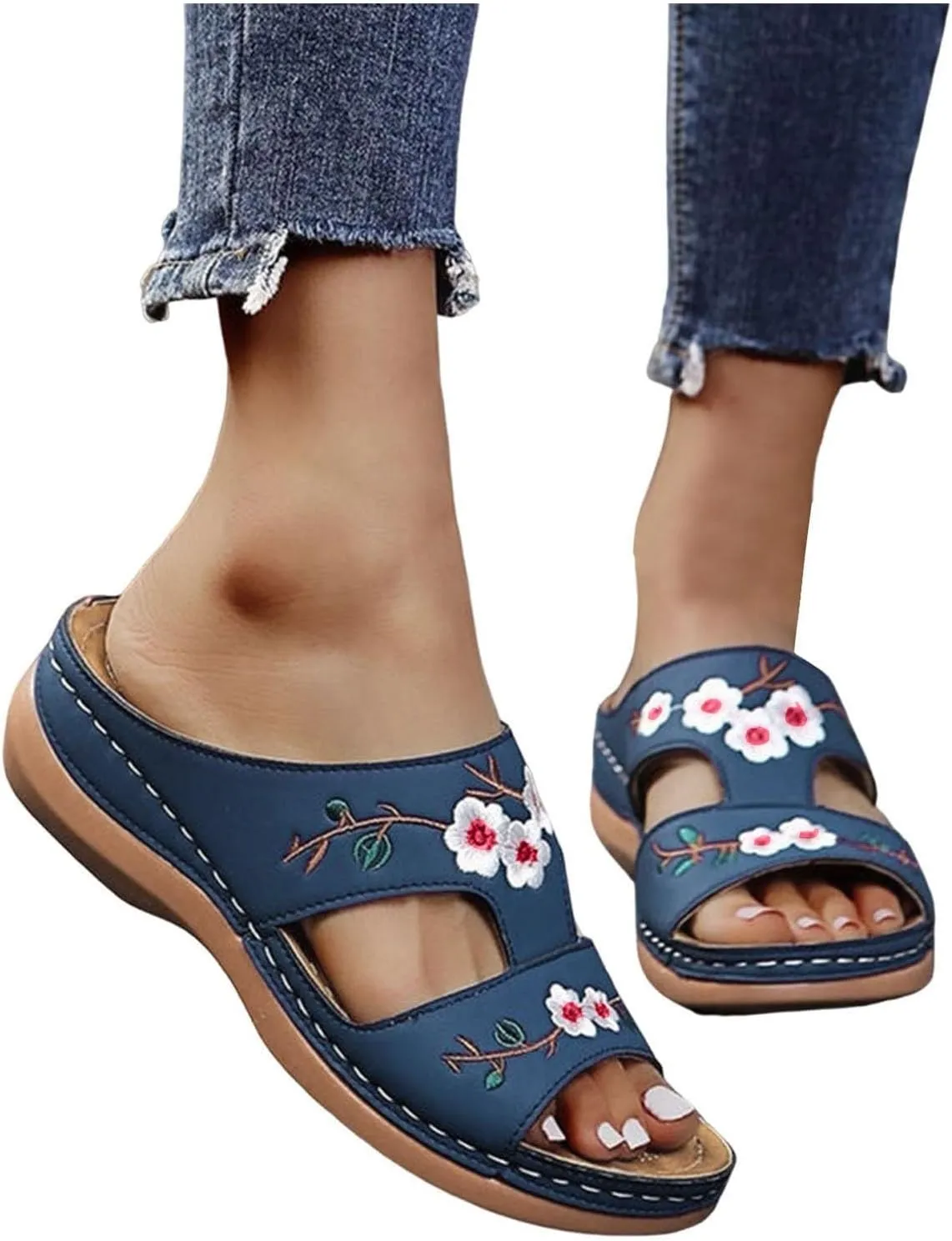 Women Summer Wedge Sandals Women Comfortable Arch Support Slides Platform Sandals Wide Width Open Toe Slip On Embroidered Flower Hollow Fish Mouth Beach Walking Slipper