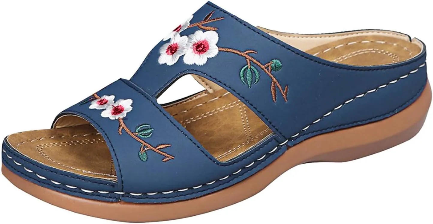Women Summer Wedge Sandals Women Comfortable Arch Support Slides Platform Sandals Wide Width Open Toe Slip On Embroidered Flower Hollow Fish Mouth Beach Walking Slipper