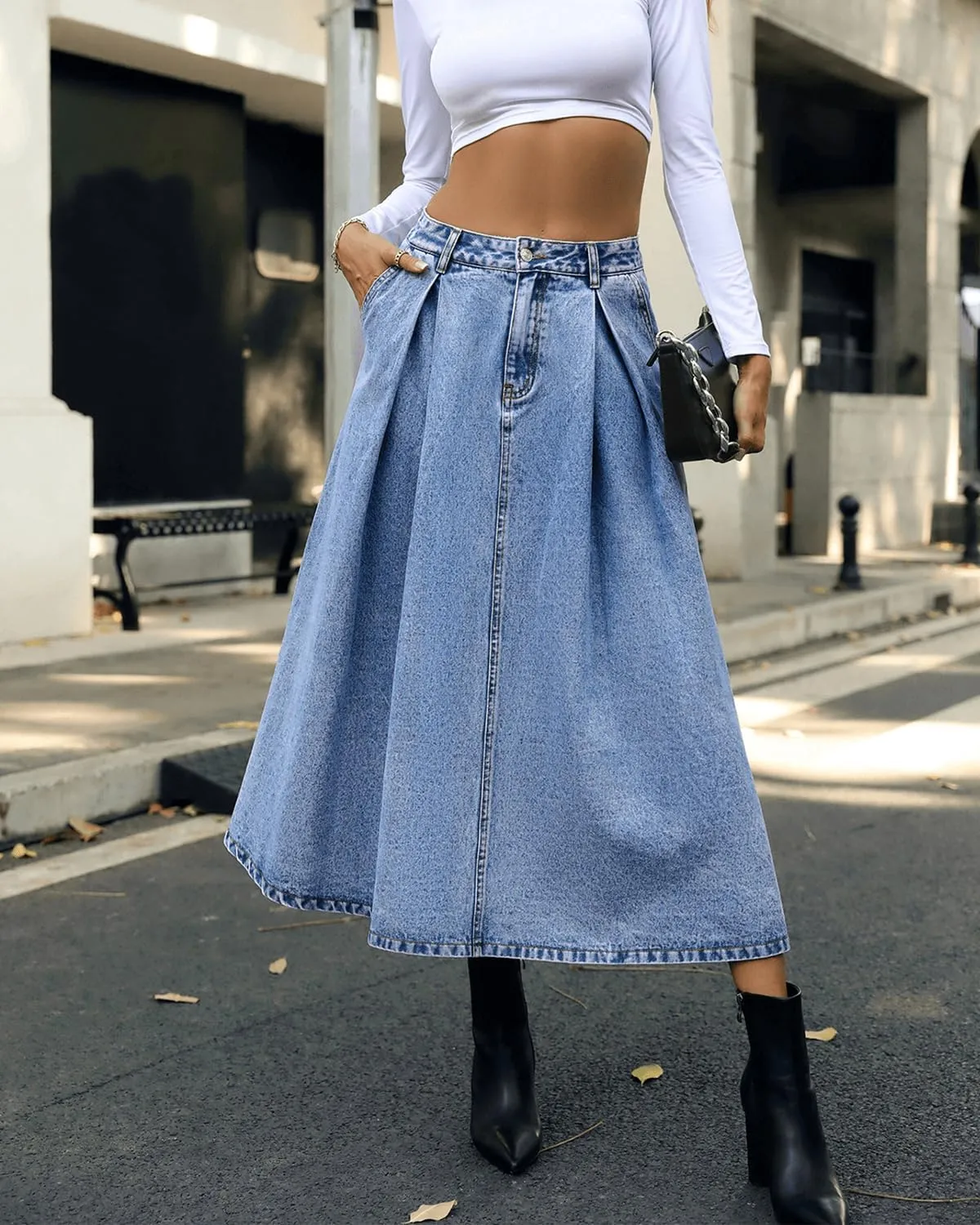 Women Vintage High Waisted Flowy Frayed A-Line Maxi Denim Skirt with Pocket Raw Hem Long Paperbag Jeans Skirt
