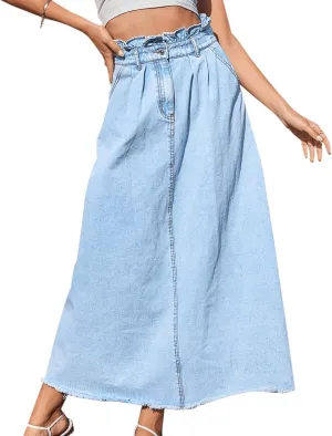 Women Vintage High Waisted Flowy Frayed A-Line Maxi Denim Skirt with Pocket Raw Hem Long Paperbag Jeans Skirt
