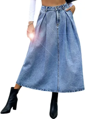 Women Vintage High Waisted Flowy Frayed A-Line Maxi Denim Skirt with Pocket Raw Hem Long Paperbag Jeans Skirt