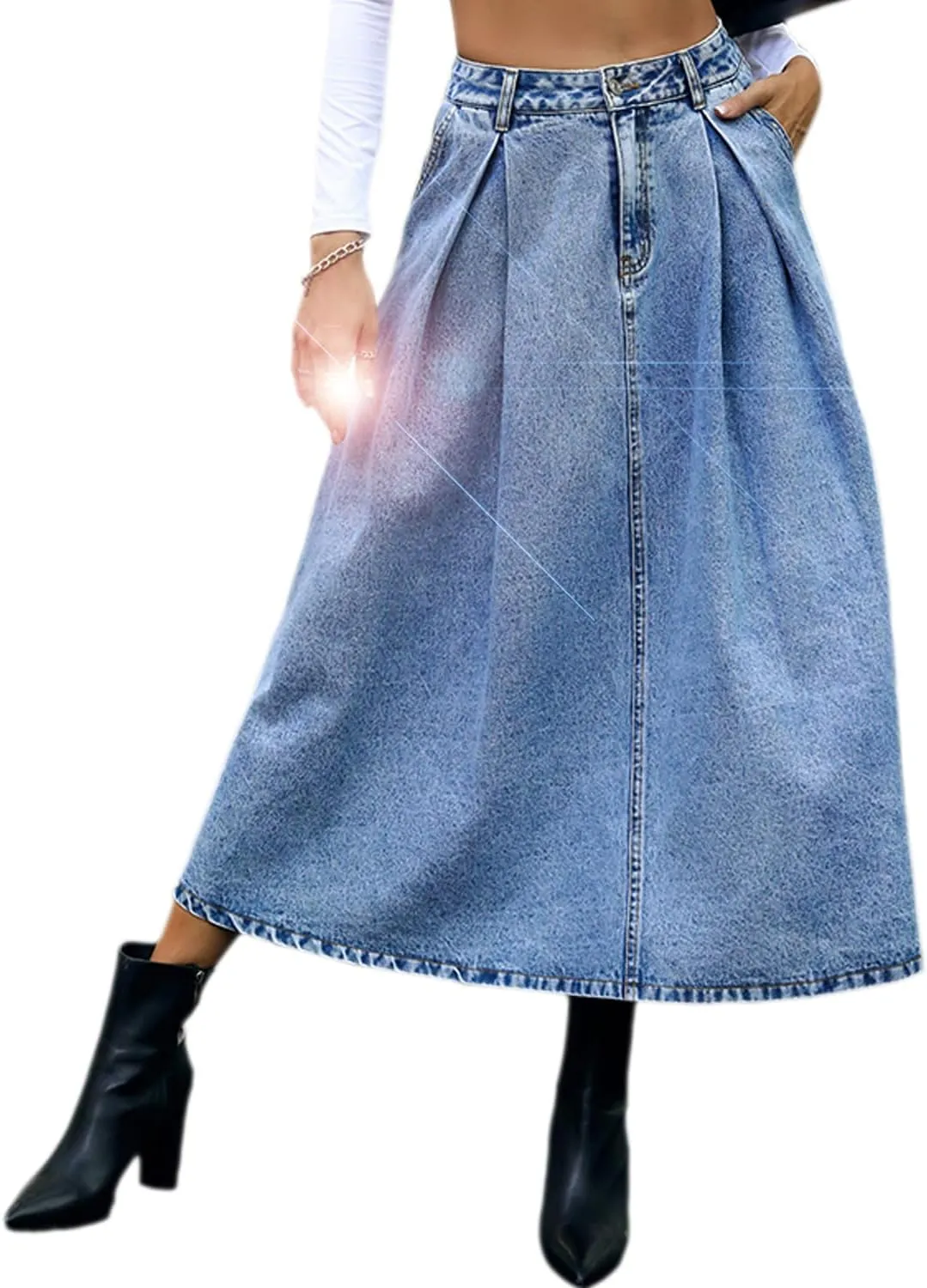 Women Vintage High Waisted Flowy Frayed A-Line Maxi Denim Skirt with Pocket Raw Hem Long Paperbag Jeans Skirt