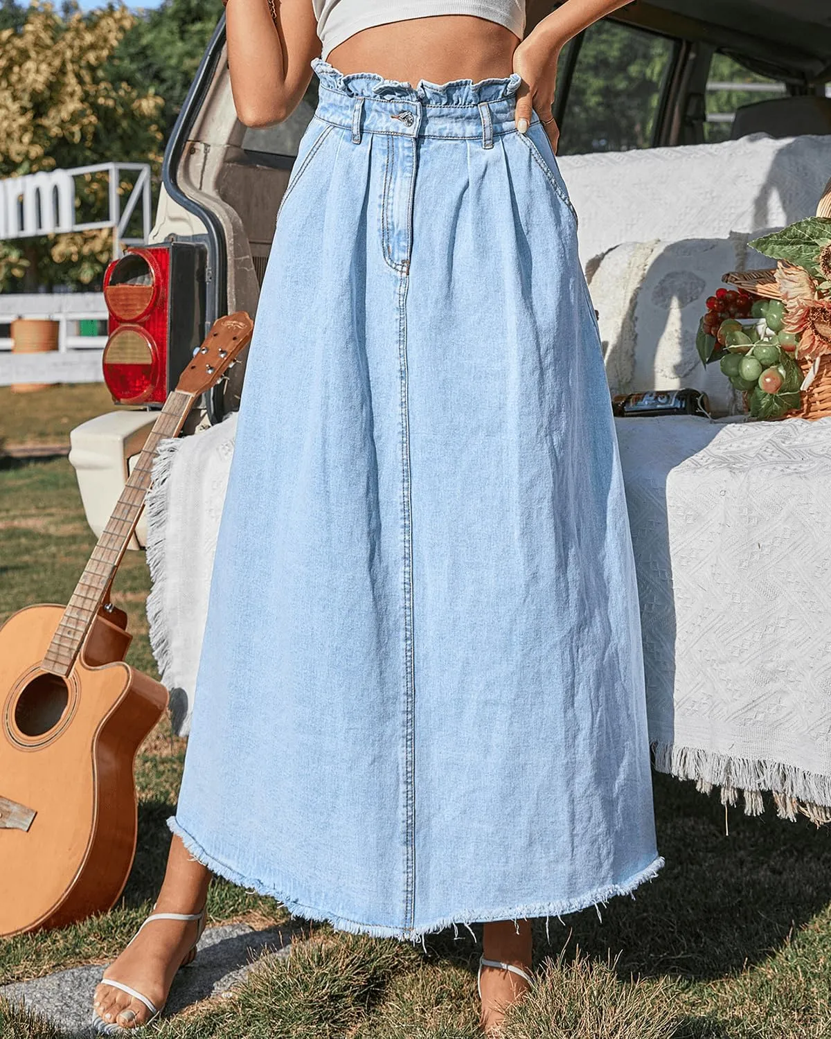 Women Vintage High Waisted Flowy Frayed A-Line Maxi Denim Skirt with Pocket Raw Hem Long Paperbag Jeans Skirt