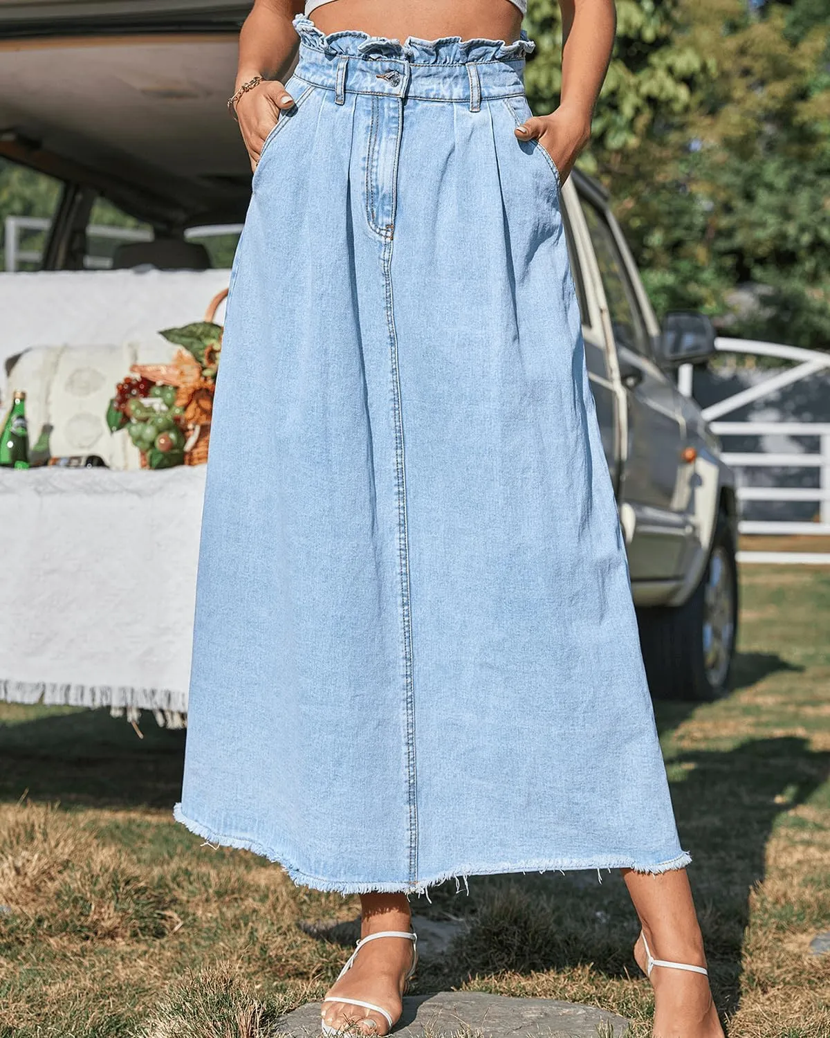 Women Vintage High Waisted Flowy Frayed A-Line Maxi Denim Skirt with Pocket Raw Hem Long Paperbag Jeans Skirt