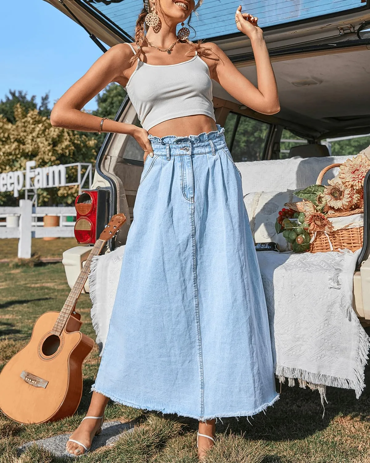 Women Vintage High Waisted Flowy Frayed A-Line Maxi Denim Skirt with Pocket Raw Hem Long Paperbag Jeans Skirt