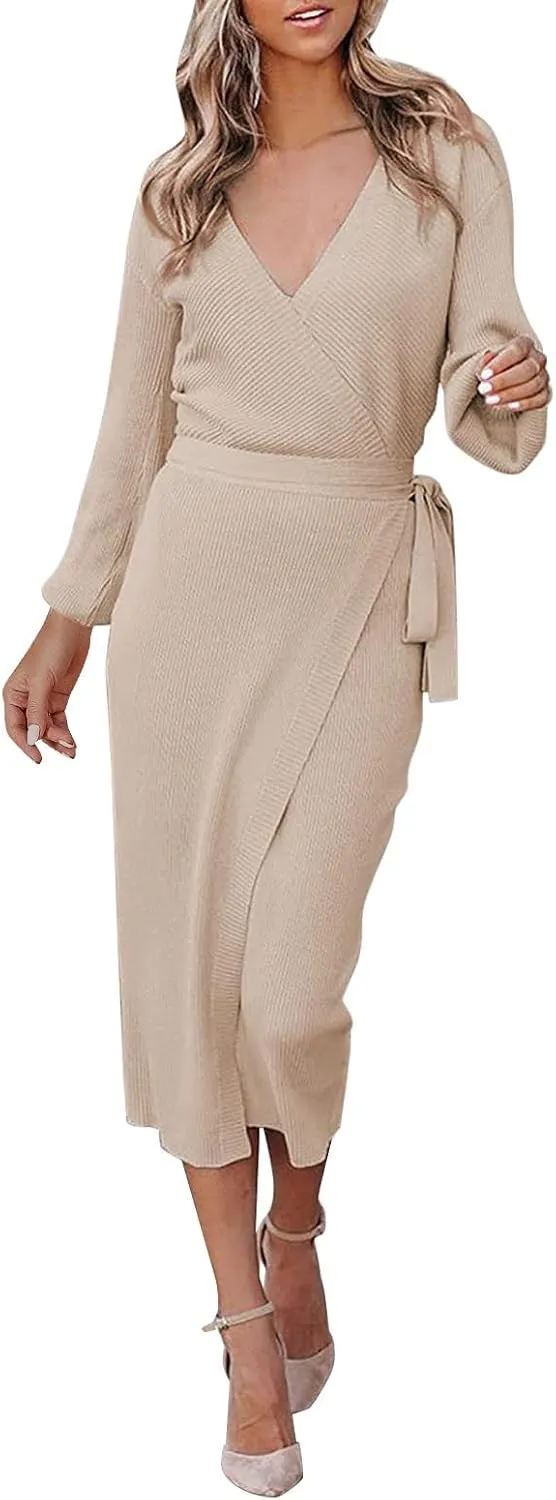Women Wrap V Neck Long Sleeve Sweater Dress Tie Waist Bodycon Knit Midi Elegant Dress Sundress Women Plus Size