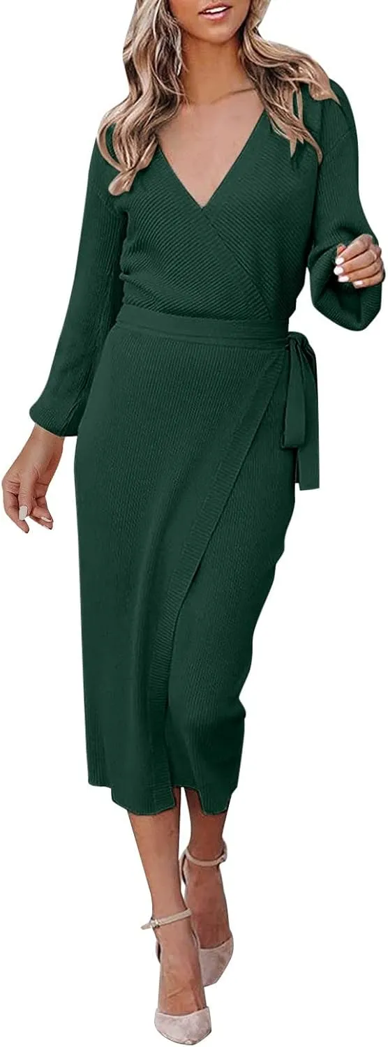 Women Wrap V Neck Long Sleeve Sweater Dress Tie Waist Bodycon Knit Midi Elegant Dress Sundress Women Plus Size