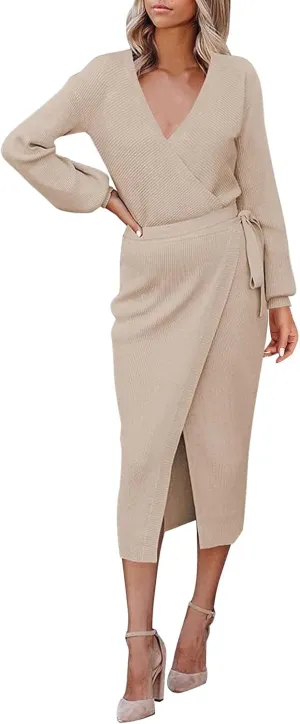 Women Wrap V Neck Long Sleeve Sweater Dress Tie Waist Bodycon Knit Midi Elegant Dress Sundress Women Plus Size